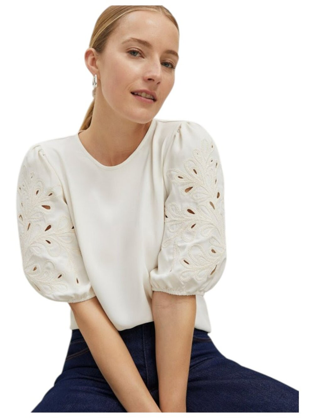 NWT Ann Taylor Embroidered Mixed Media Top